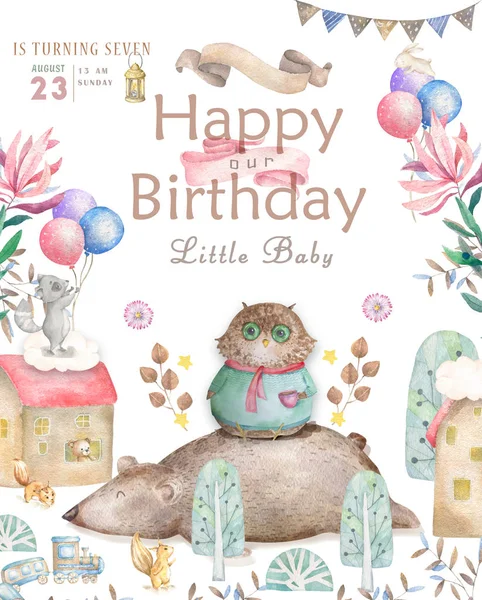 Watercolor cute Cartoon Owl. Cute baby greeting card. Boho flowers and floral bouquets Happy Birthday set. Watercolor greeting baby clip art on white background.