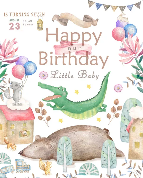 Mutlu doğum günü kartı ile şirin Croc Dandy suluboya hayvan. Şirin Bebek tebrik kartı. Boho çiçek ve çiçek buketleri kutlu olsun ayarlayın. Beyaz arka plan üzerinde bebek küçük resim tebrik suluboya. — Stok fotoğraf