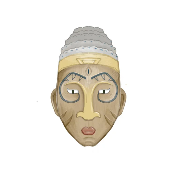 Ethnic tribal mask. Watercolor cartoon illustration. Wooden mask of fear on white background. Maya, Aztec.