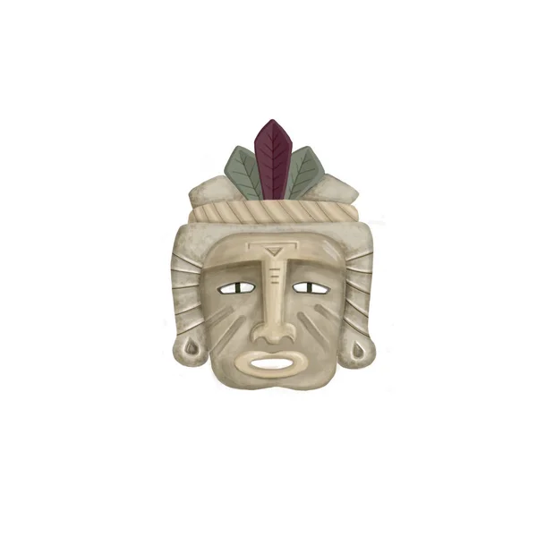 Ethnic tribal mask. Watercolor cartoon illustration. Wooden mask of fear on white background. Maya, Aztec.