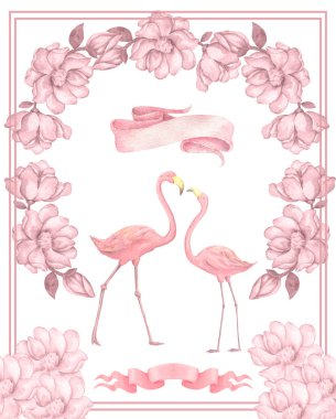 Flamingo düğün davetiyesi, pembe flamingolu tebrik kartı. Aşk kuşları flamingolar güzel suluboya illüstrasyon. kutlama ve kartpostal pembe arka plan davet