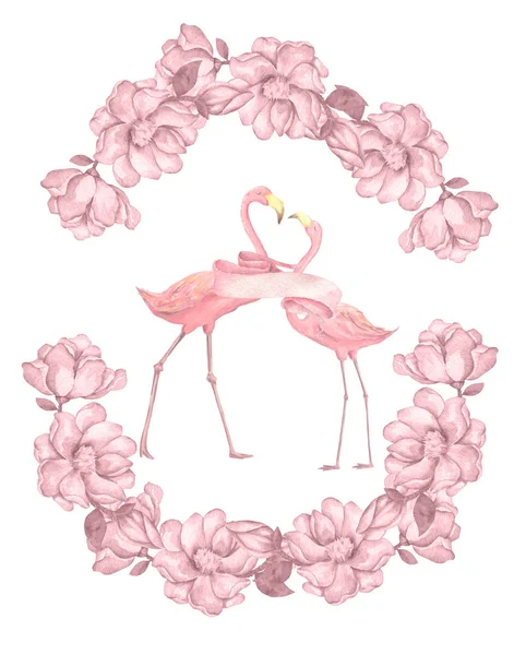 Flamingo convite de casamento, cartão de saudação com flamingos rosa. Bela ilustração aquarela de pássaros de amor flamingos. celebração e convidar cartão postal fundo rosa — Fotografia de Stock
