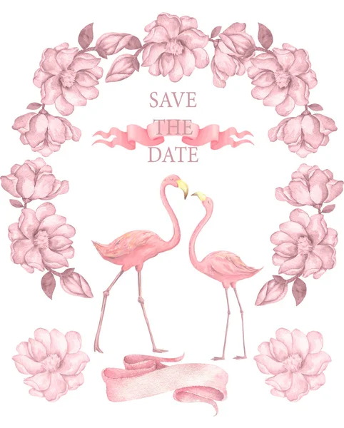 Flamingo convite de casamento, cartão de saudação com flamingos rosa. Bela ilustração aquarela de pássaros de amor flamingos. celebração e convidar cartão postal fundo rosa — Fotografia de Stock