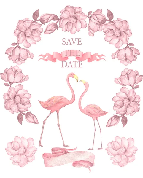 Flamingo wedding invitation, greeting card with pink flamingos. Beautiful watercolor illustration of love birds flamingos. celebration and invite postcard pink background