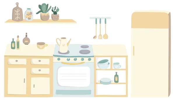 Плоский дизайн кухонного гарнітура з посудом і побутовою технікою. Векторний кліпарт мультфільм плоска ілюстрація ізольована на білому тлі. Декор будинку — стоковий вектор