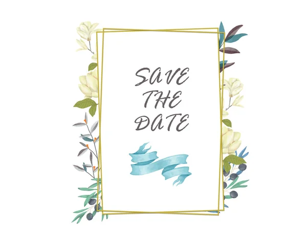 Boda Invitación, tarjeta de invitación floral, estampado de marco dorado geométrico floral oliva y magnolia. Fondo blanco. Marco horizontal dorado —  Fotos de Stock