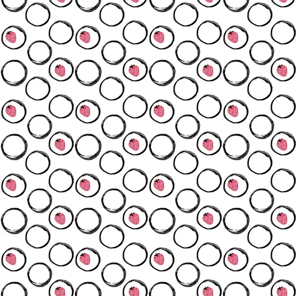 빨간색 점 패턴으로 원을 그리는 모양입니다. 흑백 물방울 무늬 장식. 잉크 일러스트레이션. 손으로 그린 장식 으로 포장 지. 래핑 용지용 기하학적 패턴. — 스톡 사진