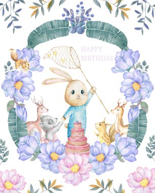 Suluboya suluboya sevimli tavşan clipart izole. Kreş tavşan illüstrasyon. Bebek poster. Son moda pembe Karikatür hayvan. Doğum günü davetiye kartı, tebrik ve kutlama kartpostal. Güzellik küçük resim