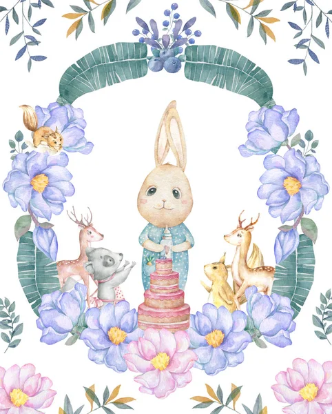 Watercolor isolated cute watercolor Bunny clipart. Nursery rabbit illustration. Baby poster. Trendy pink cartoon animal. Birthday invite card, Greeting and Celebration postcard. Beauty clip art