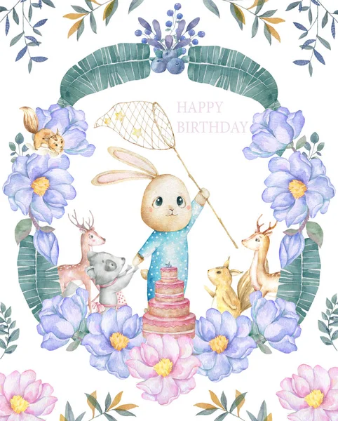Aquarel geïsoleerd schattig aquarel Bunny clipart. Kwekerij konijn illustratie. Baby poster. Trendy roze cartoon dier. Verjaardagskaart uitnodigen, groet en viering briefkaart. Schoonheid glinsterende clip art — Stockfoto