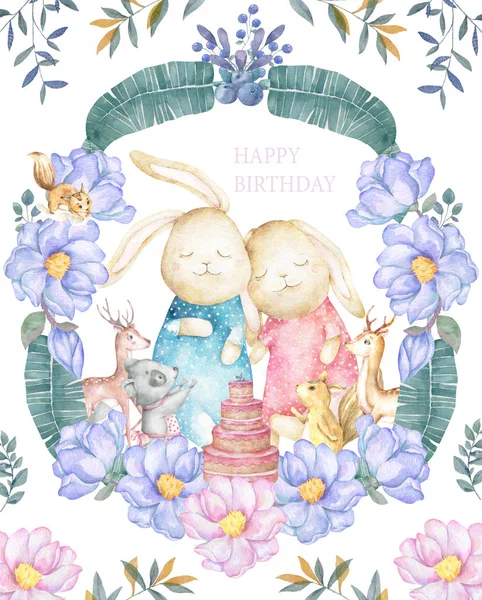 Aquarel geïsoleerd schattig aquarel Bunny clipart. Kwekerij konijn illustratie. Baby poster. Trendy roze cartoon dier. Verjaardagskaart uitnodigen, groet en viering briefkaart. Schoonheid glinsterende clip art — Stockfoto