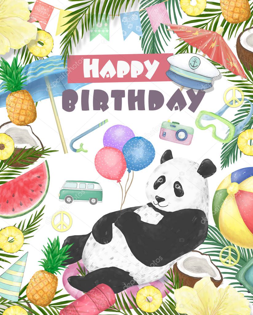 Happy Birthday card design with cute panda bear and boho flowers and floral bouquets illustration. Watercolor clip art for greeting card. Invite poscard, beauty animal. Birthday and celebration