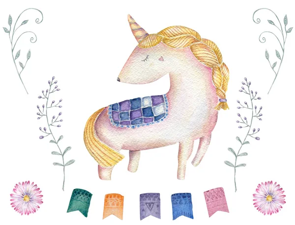 Unicornio acuarela y flor rosa unicornio hermoso animal lindo pony poco caballo clip arte dibujo magia ilustración fantasía cumpleaños felicitación tarjeta impresión cinta geométrica sobre fondo blanco — Foto de Stock