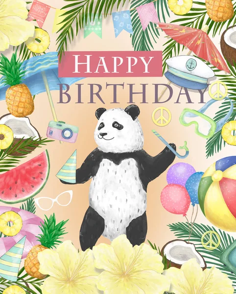 Happy Birthday Card Design met schattige Panda aquarel geïsoleerd leuke kleurrijke Beer clipart. Ilustration voor wenskaart. Nodig poscard, Beauty Animal. Verjaardag en viering — Stockfoto