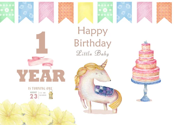 Watercolor isolated cute colorful unicorn clipart. Nursery unicorns illustration. Princess unicorns poster. Trendy pink cartoon horse. Birthday, celebration invite card. Tasty cake. Cute clip art