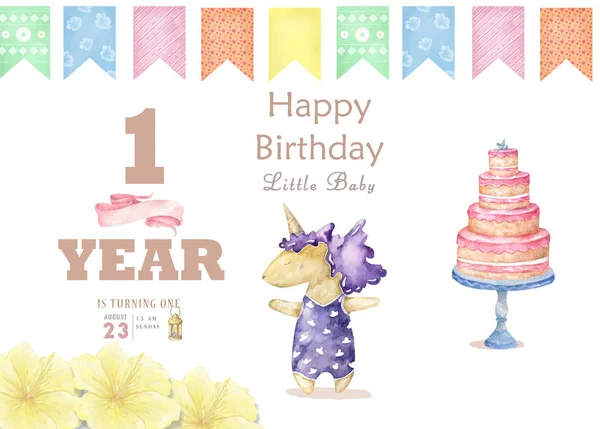 Aquarel geïsoleerde schattige kleurrijke Eenhoorn clipart. Kwekerij Unicorns illustratie. Poster van prinses Unicorns. Trendy roze cartoon paard. Verjaardag, feest uit te nodigen kaart. Smakelijke taart. Cute clip art — Stockfoto