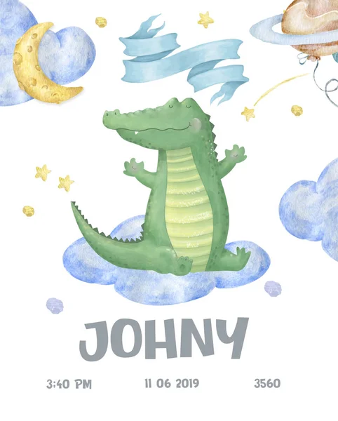 Cute woodland animals cartoon illustration for baby shower card template. Greeting, born, invite design card watercolor cute animal croc dandy. Colorful and beauty clip art for kid. Birthday postcard — Stockfoto