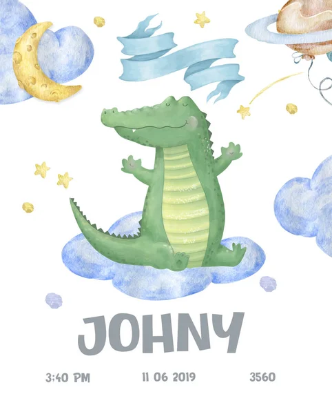 Illustration de dessin animé d'animaux des bois mignon pour modèle de carte de douche de bébé. Salutation, né, inviter carte design aquarelle mignon animal croc dandy. Clip art coloré et beauté pour enfant. Carte postale anniversaire — Photo