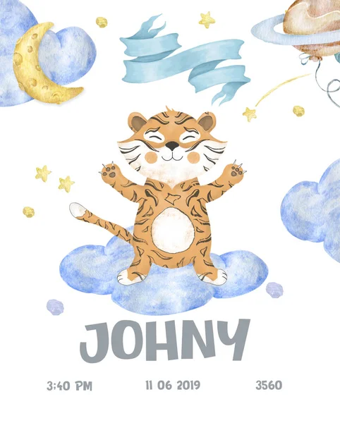 Cute woodland animals cartoon illustration for baby shower card template. Greeting, born, invite design card watercolor cute animal croc tiger. Colorful and beauty clip art for kid. Birthday postcard