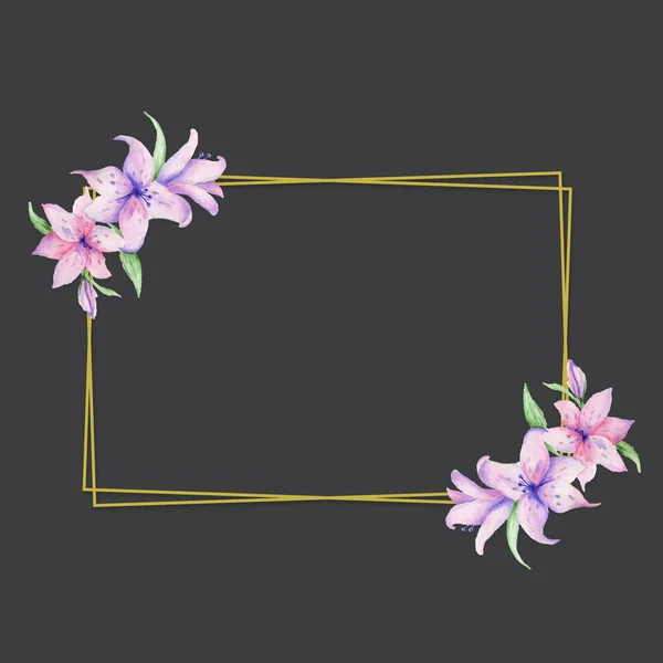 Gold square frame, golden border, framework, banner, metal glowing thin lines. Geometric shape forms. Horizontal frame for wedding and invite card, pink flowers and black background