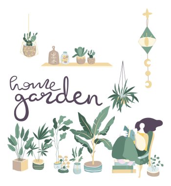 Kentsel orman, bitkiler, leoparlar, kaktüsler, tropikal yaprakları ile trendy ev dekorasyonu. Renkli tasarım. Afiş, invete, satış mağazası, web simgesi için. Elle çizilmiş kart. Bahçe yeşili. Düz tasarım