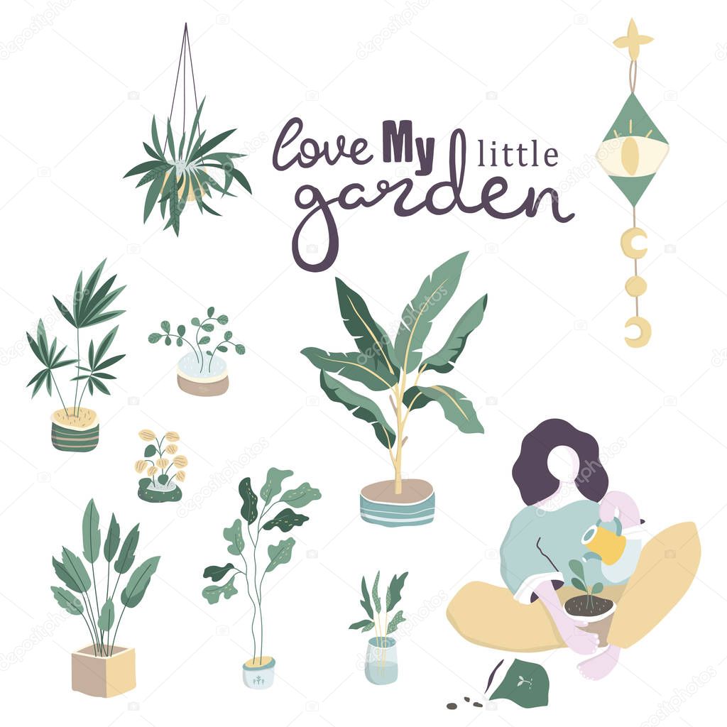 Long haired woman sitting among potted plants and zero unread messages notification symbols. Concept of solitude and loneliness on internet. Colorful vector illustration in contemporary art style.