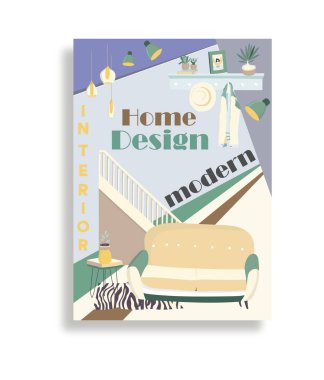 Oturma Odası İç Ev Modern Daire Tasarımı Düz Vektör İllüstrasyon. Flayer üzerinde el çizilmiş küçük resim, poster, afiş ve web tasarımı için büyük. Franch renkli 70. Dergi ve dergi