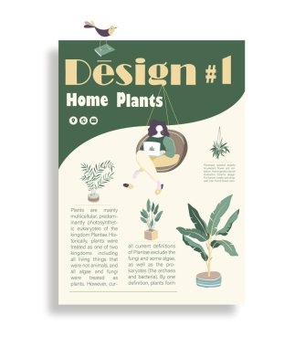 Oturma Odası İç Ev Modern Daire Tasarımı Düz Vektör İllüstrasyon. El çizilmiş küçük resim, renkli bitkiler ve kadın. El ilanı, afiş, simge ve web tasarımı için