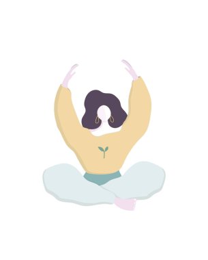 Yoga lotus inanılmaz karikatür kız sevimli kedi ile poz. Yoga yapıyorum. Vektör illüstrasyon. Genç ve mutlu bir kadın meditasyon yapar. Düz tasarım illüstrasyon. Renkli küçük resim