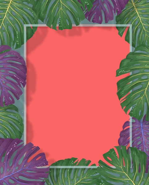 Cadre de feuilles de palmier tropical sur fond de corail. Feuille tropicale estivale. jungle hawaïenne exotique, fond d'été. Pastel monochrome art coloré style minimal, Découpe de papier — Photo
