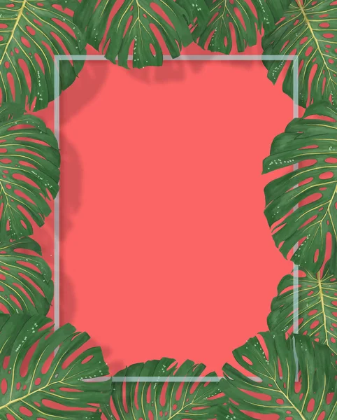 Tropisk palm lämnar ram på korall bakgrund. Sommar tropiska löv. Exotisk hawaiian djungeln, summertime bakgrund. Pastell monokrom art färgglada minimal stil, papper skära — Stockfoto