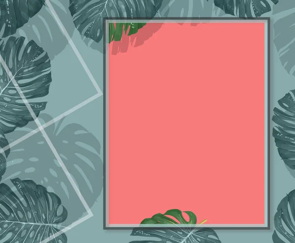 熱帯ヤシの葉はサンゴの背景にフレームを残します。夏の熱帯の葉。エキゾチックなハワイのジャングル、夏の背景。パステルモノクロアートカラフルなミニマルスタイル、ホワイトフレームスクエア。テキストのバナー — ストック写真