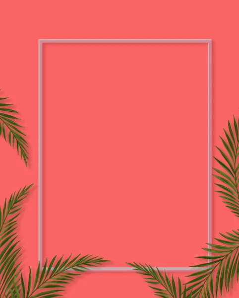 산호를 배경으로 열대 야자수 잎 프레임. 여름 열대 잎입니다. 이국적인 하와이 정글, 여름 배경입니다. 파스텔 흑백 아트 다채로운 미니멀 스타일, 화이트 프레임 스퀘어. 텍스트 배너 — 스톡 사진