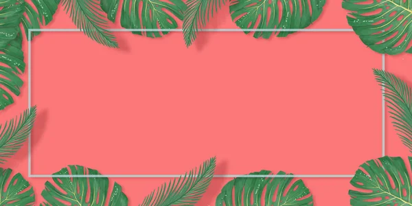 Tropical palm leaves frame on coral backdrop. Summer tropical leaf. Exotic hawaiian jungle, summertime background. Pastel monochrome art colorful minimal style, White frame square. Banner for text