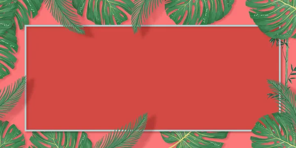 Palma tropicale lascia cornice su sfondo corallo. Foglia tropicale estiva. Giungla esotica delle Hawaii, sfondo estivo. Arte monocromatica pastello colorato stile minimale, cornice quadrata bianca. Banner per testo — Foto Stock