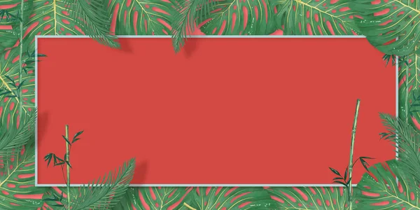 Tropical palm leaves frame on coral backdrop. Summer tropical leaf. Exotic hawaiian jungle, summertime background. Pastel monochrome art colorful minimal style, White frame square. Banner for text