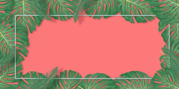Marco de hojas de palma tropical sobre fondo de coral. Hoja tropical de verano. Selva hawaiana exótica, trasfondo veraniego. Pastel monocromo arte colorido estilo minimalista, marco blanco cuadrado. Banner para texto — Foto de Stock