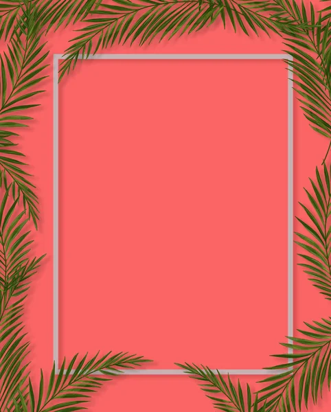 Tropical palm leaves frame on coral backdrop. Summer tropical leaf. Exotic hawaiian jungle, summertime background. Pastel monochrome art colorful minimal style, White frame square. Banner for text