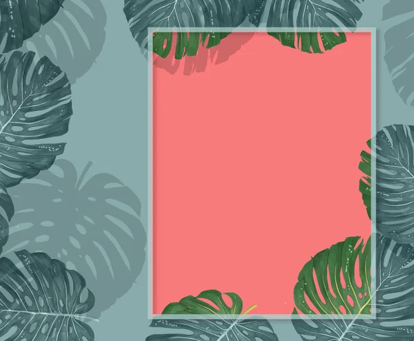 Tropical palm leaves frame on coral backdrop. Summer tropical leaf. Exotic hawaiian jungle, summertime background. Pastel monochrome art colorful minimal style, White frame square. Banner for text