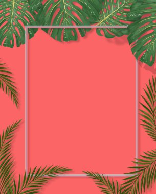 Tropikal palmiye mercan zemin üzerinde çerçeve bırakır. Yaz tropikal yaprağı. Egzotik Hawaii ormanı, yaz lık geçmişi. Pastel tek renkli sanat renkli minimal tarzı, Beyaz çerçeve kare. Metin için banner