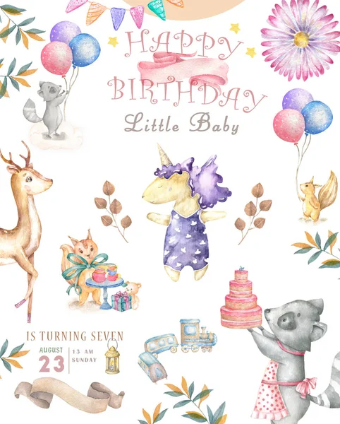 Watercolor isolated cute watercolor unicorn and sqirrel clipart. Nursery unicorns illustration. Princess unicorns poster. Trendy pink cartoon horse. Birthday invite.