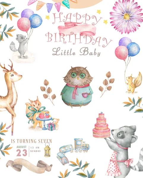 Aquarelle mignonne Cartoon Owl. Jolie carte de vœux pour bébé. Ensemble de fleurs et bouquets floraux Boho Joyeux anniversaire. Aquarelle saluant bébé clip art sur fond blanc . — Photo