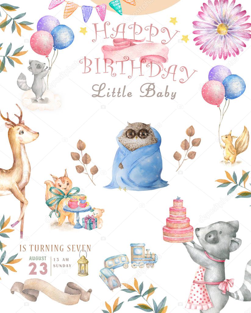 Watercolor cute Cartoon Owl. Cute baby greeting card. Boho flowers and floral bouquets Happy Birthday set. Watercolor greeting baby clip art on white background.