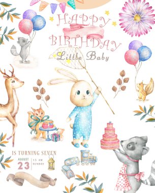 Suluboya suluboya sevimli tavşan clipart izole. Kreş tavşan illüstrasyon. Bebek poster. Son moda pembe Karikatür hayvan. Doğum günü davetiye kartı, tebrik, kutlama kartpostal. Güzellik küçük resim