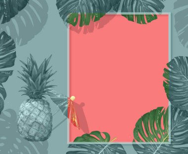 Tropikal palmiye mercan zemin üzerinde çerçeve bırakır. Yaz tropikal yaprağı. Egzotik Hawaii ormanı, yaz lık geçmişi. Pastel tek renkli sanat renkli minimal tarzı, Beyaz çerçeve kare. Metin için banner