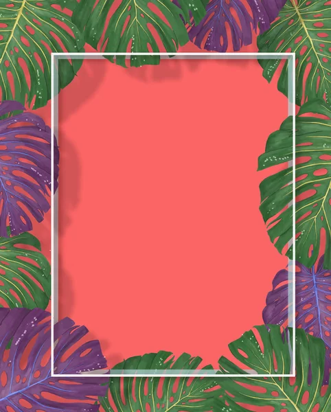 Tropisk palm lämnar ram på korall bakgrund. Sommar tropiska löv. Exotisk hawaiian djungeln, summertime bakgrund. Pastell monokrom art färgglada minimal stil, papper skära — Stockfoto