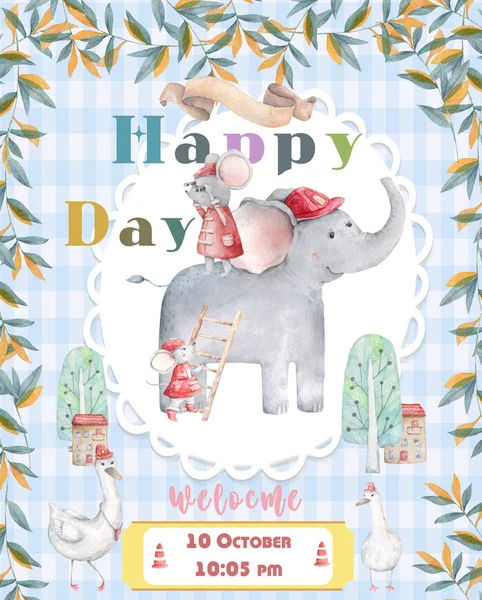 Cute Elephants illustrations. Set of birthday greeting cards, posters, prints. Watercolor beauty, Hand drawn colorful baby shower for invite, text banner. Cute cartoon trendy clip art