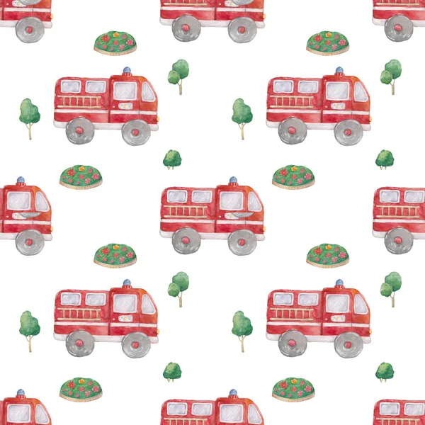 Watercolor Hand drawn fire trucks and green tree seamless pattern on white background. Cartoon illustration, baby cute truck style illustration. Textile, book, red colorful clip art.