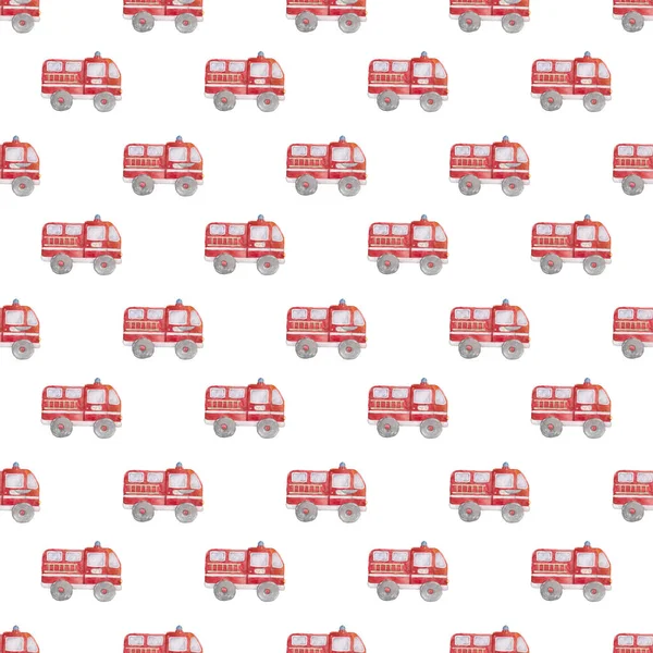 Watercolor Hand drawn fire trucks seamless pattern on white background. Cartoon illustration, baby cute truck style illustration. Textile, book, red colorful clip art.