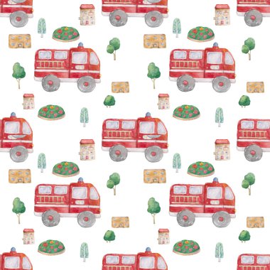 Suluboya El çizilmiş şehir, itfaiye kamyonları ve beyaz arka plan üzerinde yeşil ağaç dikişsiz desen. Karikatür illüstrasyon, bebek sevimli kamyon tarzı illüstrasyon. Tekstil, kitap, kırmızı renkli küçük resim.